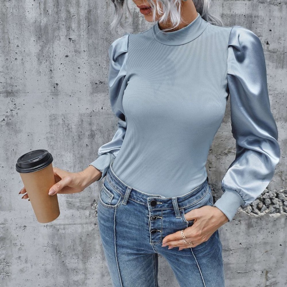 Modern Girl Blue Blouse top with Satin Sleeve - Picture 2 of 4